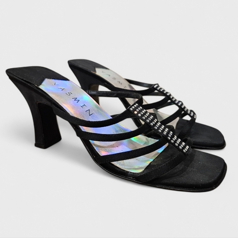 Yasmin Black Rhinestone Leather-Sole Heels – Size 8 - 3.5” Heel - Box Included
